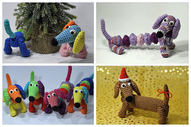 Collage mit vier gehäkelten Dackel-Amigurumi: buntes Einzelstück vor Tannenbaum, spiralförmiger lila Dackel, Gruppe mehrfarbiger Dackel, brauner Dackel mit Weihnachtsmütze.