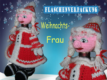 Gehäkelte Flaschenhülle Weihnachtsfrau in Rot und Weiß mit Zöpfen