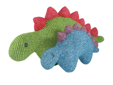 Two crocheted stegosaurus plushies, one green with red plates and one blue with purple plates