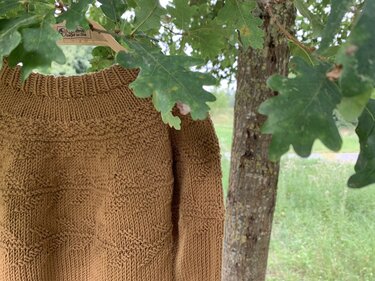 Gestrickter karamellfarbener Kinderpullover mit Rippenkragen und Strukturmuster, an einem Ast aufgehängt