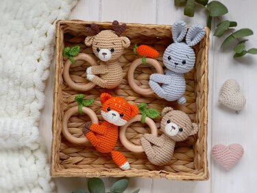 SET of 5 crochet patterns rattles: fox, bear, deer, bunny, bee (PDF)