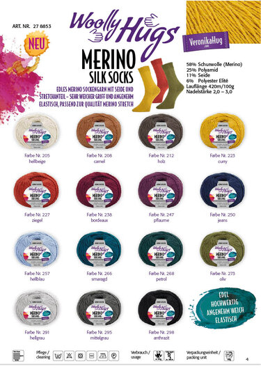 Mehrere Knäuel des Merino‑Seide Sockengarns in verschiedenen Farben mit Materialangaben und Beispielsocken