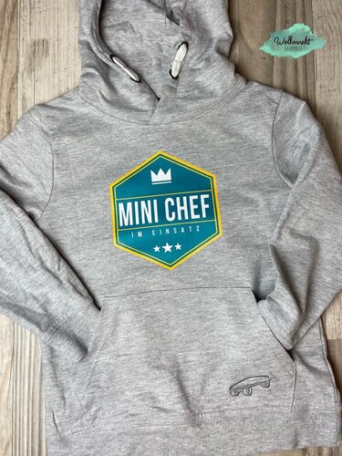 Grau melierter Hoodie mit mehrfarbigem 'Mini Chef' Hexagon-Plott und kleinem Skateboard-Symbol an der Tasche