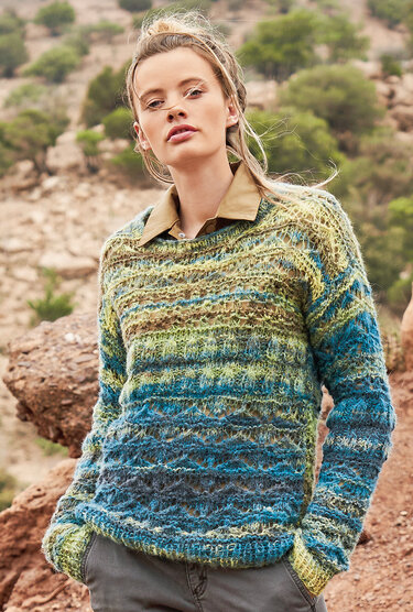 Strickanleitung: Pulli im Mustermix in Petrol-Kiwi-Holz meliert