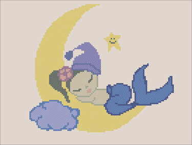 Cross stitch pattern, Little mermaid sleeping on the moon - Embroidery