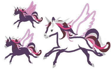 Drei gestickte fliegende Einhörner in Lila, Rosa und Weiß