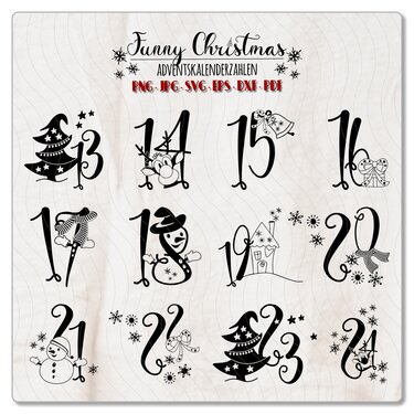 Schwarz-weiße plotterfreundliche Adventszahlen 13–24 mit winterlichen Symbolen