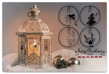 Beleuchtete Laterne im Schnee neben vier runden Plottmotiven: Schneemann, Tannenbaum, Haus und Rentier.