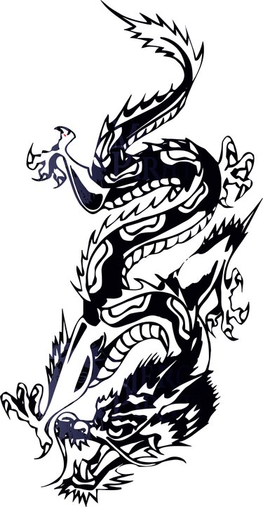 Stilisierter Drachen im Tribal-Stil, schwarze Grafik auf hellem Hintergrund