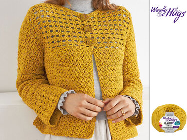 senfgelbe gehäkelte Damenjacke mit Knöpfen und leicht ausgestellten Ärmeln