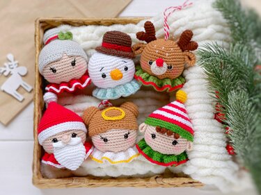 Crochet pattern Christmas ornaments: Santa Mrs Claus Deer Elf Angel Snowman