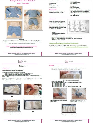 Crochet pattern pages and finished blue-and-white baby sweater and pants set, with diagrams and photos.