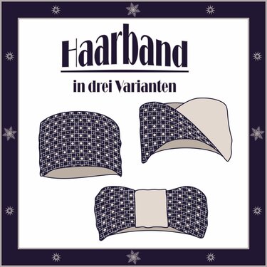 Drei gezeichnete Haarband-Modelle mit dunkelblau-beigem geometrischem Muster und dem Schriftzug 'Haarband in drei Varianten'.