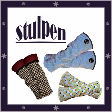 Drei Paar Stulpen mit Hahnentritt-, Streifen- und Vogelmuster