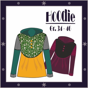 Illustration zweier Damen‑Hoodies mit Schalkragen‑Kapuze, geschwungener vorderer Passe, Knopfleiste und kontrastierenden Ärmeln