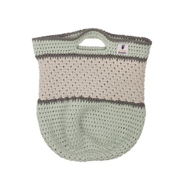 Gehäkelter Shopper mit breiten Streifen in Mint, Creme und Grau und integrierten Griffen