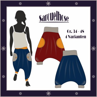 Illustration von vier Sarouelhosen-Varianten mit weitem Schnitt, tiefem Schritt, elastischem Bund und aufgesetzten Taschen