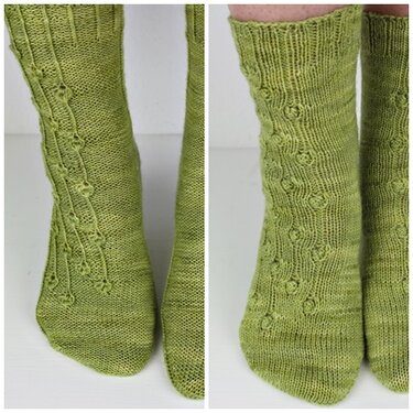 Grüne Damensocken mit seitlichem Zopf- und Noppenmuster, Detailansicht von Schaft und Vorderfuß