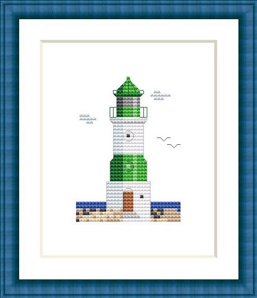 Gestickter Leuchtturm in Grün, Blau und Beige mit zwei Möwen