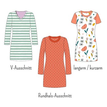 Drei Damenkleider mit verschiedenen Ausschnitten (V-Ausschnitt, Rundhals) und Ärmellängen (kurz, lang) zur Illustration von Designoptionen.