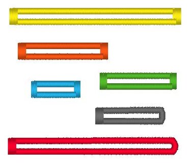 Sechs gestickte Riegel bzw. Schlaufen in verschiedenen Längen und Farben auf weißem Hintergrund.