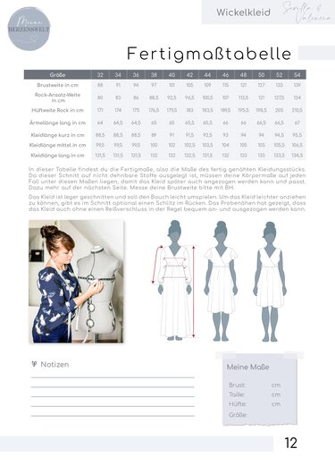 Fertigmaßtabelle für Wickelkleid mit Maßskizzen und Foto einer Frau am Schneiderbüste