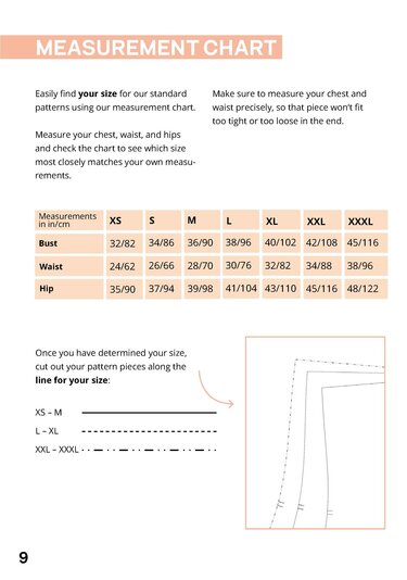 Women's measurement chart with bust, waist, and hip sizes XS–XXXL in inches and cm, with cut-line instructions for pattern pieces.