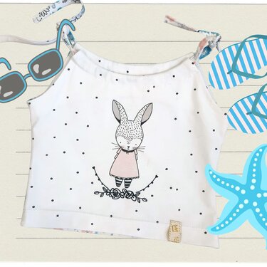 Weißes Kinder-Trägertop mit Häschen-Print, dezenten schwarzen Punkten und bindbaren Trägern