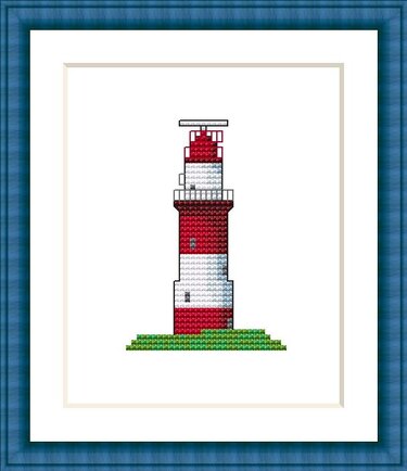Kreuzstichmotiv: rot-weiß gestreifter Leuchtturm auf grünem Sockel