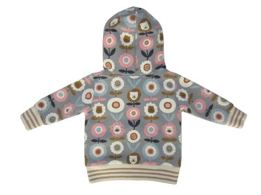 Grauer Baby-Kapuzenpullover, Rückseite, Blumenmuster mit Löwen- und Bärengesichtern