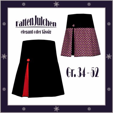 Zwei A-Linien-Röcke mit vorderer Falte und Knopf: schwarz mit rotem Einsatz sowie buntes Paisley-Muster.