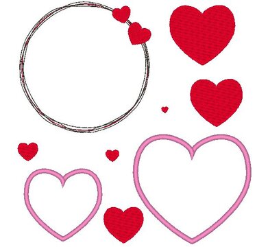 Verschiedene Stickherzen in Rot und Pink sowie ein skizzenhafter Kreisrahmen mit kleinen Herzakzenten.