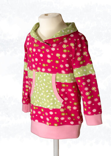 Schnittmusterbeispiel Kinder-Sweatshirt rosa und hellgrün mit Blumenmuster