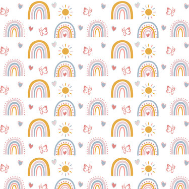 Nahtloses Muster mit pastellfarbenen Regenbögen, Sonnen, Schmetterlingen und Herzen auf weißem Hintergrund.