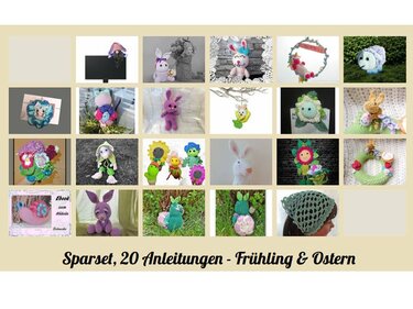 Collage aus 20 gehäkelten Amigurumi und frühlingshaften Dekorationen (Hasen, Blumen, Kränze).