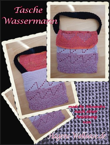 Gehäkelte Umhängetasche in Orange‑Lila mit Herzmuster und schwarzem Schultergurt