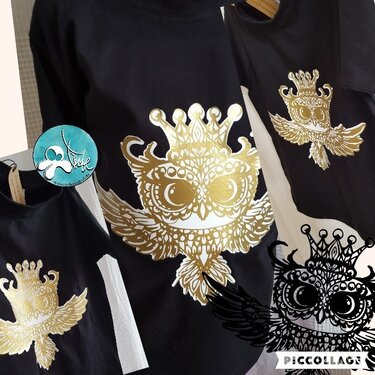 Metallic gold crowned owl motif on black shirts shown at different sizes.