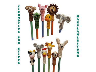 Gehäkelte Tierkopf-Stiftaufsätze in verschiedenen Motiven nebeneinander