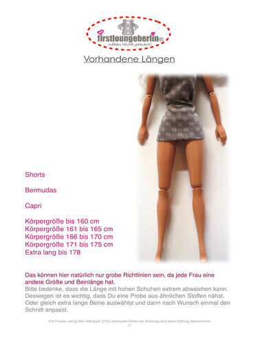 Puppe mit kurzem Oberteil neben Tabelle mit Hosenlängen für Shorts, Bermudas und Caprihosen