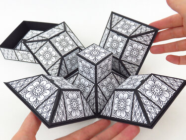 Eine aufgeklappte schwarz-weiße Explosionsbox aus Papier mit wiederholten floralen Ornamenten, von zwei Händen an den Seiten gehalten