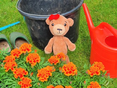 Brauner Amigurumi-Teddybär mit roter Schleife im Gras zwischen orangefarbenen Blumen, neben roter Gießkanne und schwarzem Eimer.