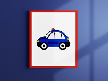 Blaues Vektor-Plotmotiv eines einfachen Autos mit schwarzer Kontur, gerahmtes Poster