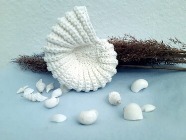 Weiße gehäkelte Nautilus-Muschel mit Muscheln und trockenem Schilf auf hellblauem Hintergrund.