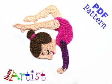 Hand-crocheted gymnast applique with brown bun, pink leotard, and purple leg extension on white background