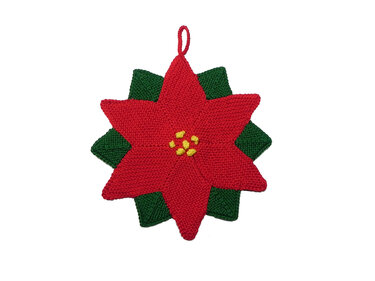 Sechszackiger roter gestrickter Topflappen in Poinsettien-Form mit grünen Blättern und Aufhängeöse