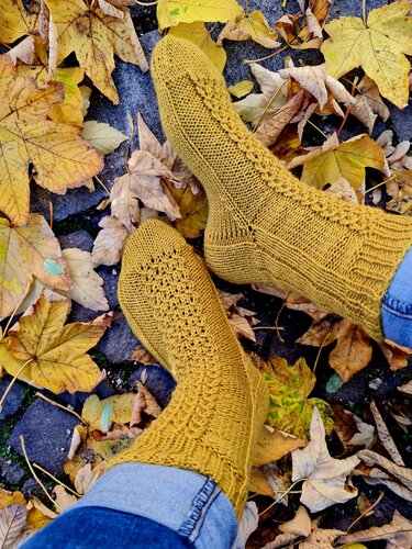Füße in senfgelben, gestrickten Socken mit Ajourmuster auf herbstlichen Blättern