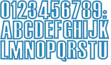 Stickmotive: serifenlose Großbuchstaben A bis U und Ziffern 0 bis 9 in blauer Blockkontur