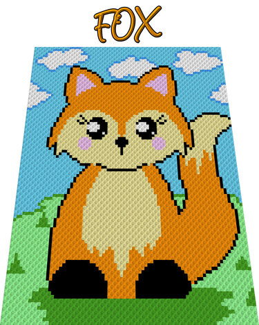 Häkelmuster eines orangefarbenen Pixel-Fuchses auf Wiese unter Wolken