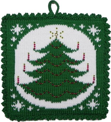 Gestrickter grüner Topflappen mit Tannenbaum, Perlen und Schneeflocken