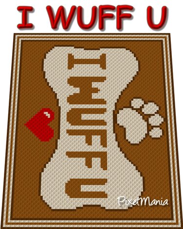 Pixelhäkelmotiv in Braun und Beige mit Hundeknochen, dem Schriftzug 'I WUFF U', rotem Herz und Pfotenabdruck